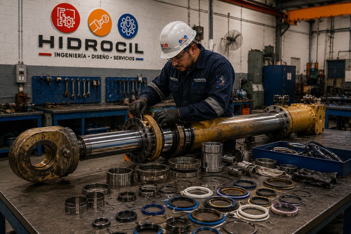 Técnico HIDROCIL reparando un cilindro hidráulico